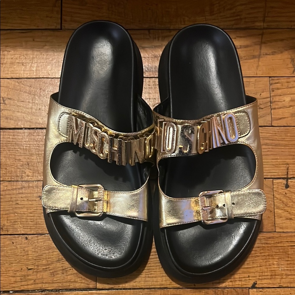 Moschino Women's Metallic Slide Sandals SZ 39